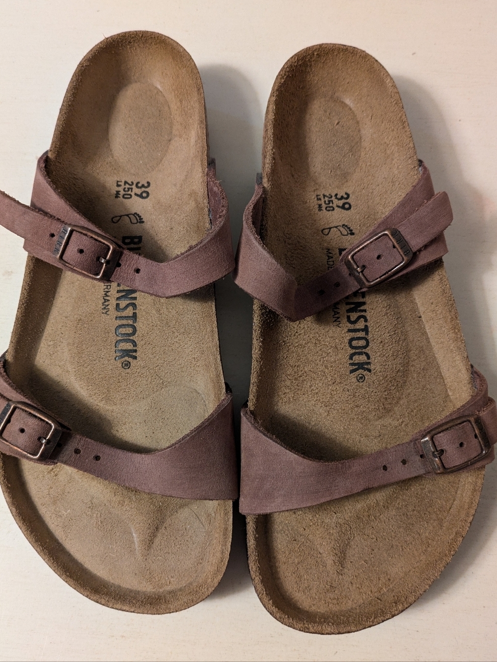 Birkenstock Two-Strap Medium Brown Suede Leather Sandals, Size 39R, New Footbed